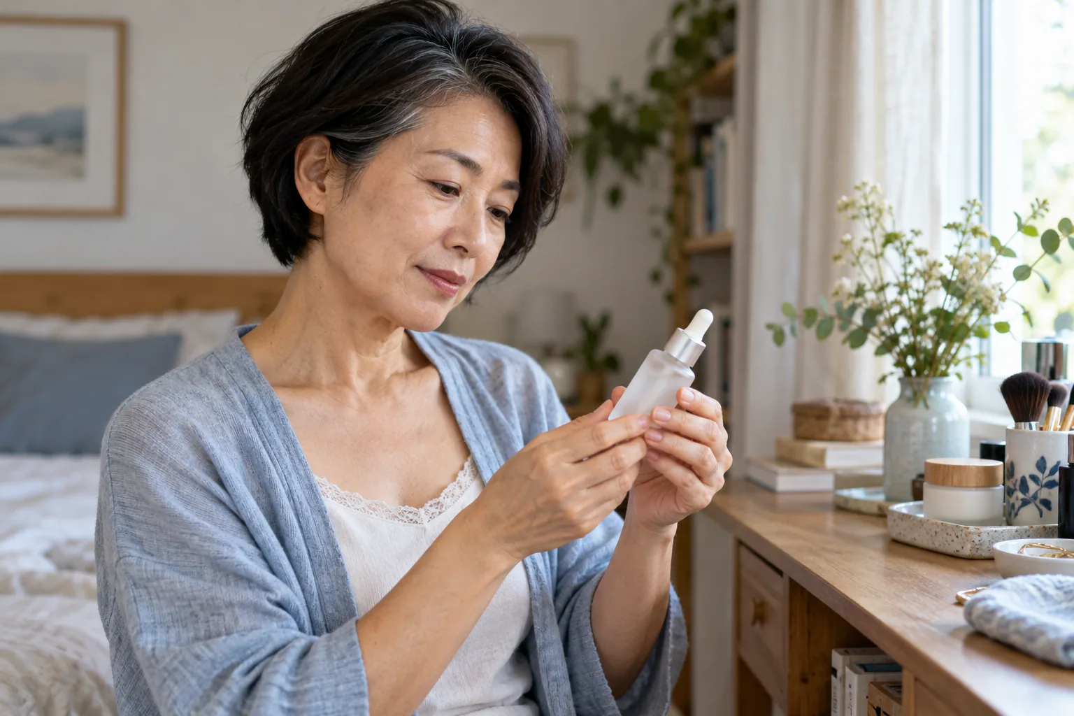 Femme asiatique de 52 ans examinant un flacon de sérum visage près d’une fenêtre