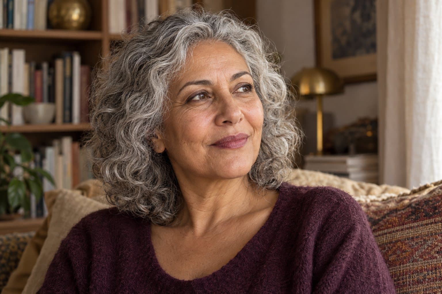 Femme nord-africaine de 58 ans aux cheveux argentés dans une lumière naturelle