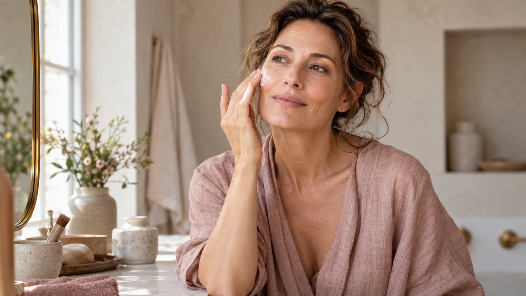 Femme de plus de 40 ans appliquant sa crème devant un miroir