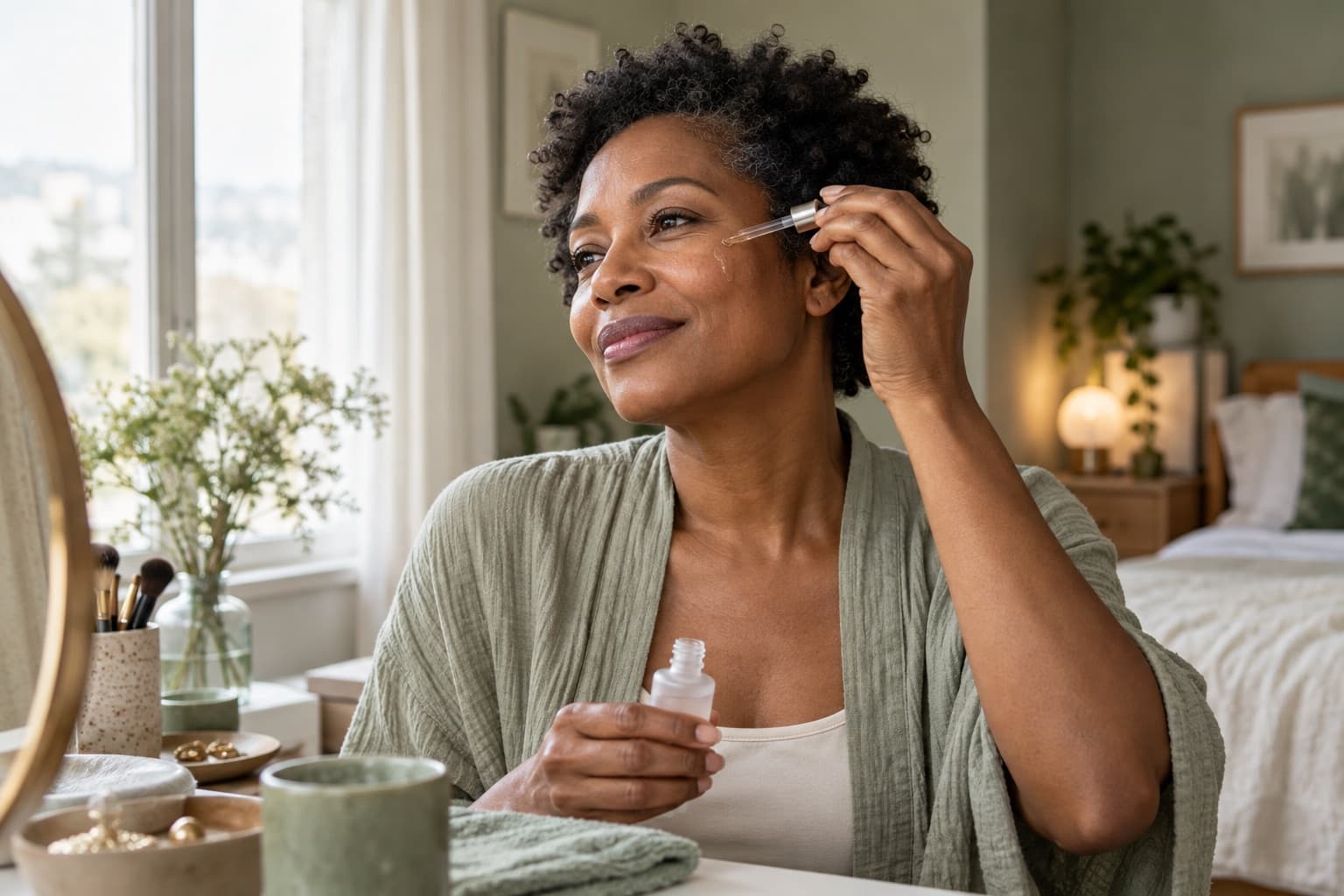 Femme noire de plus de 40 ans appliquant quelques gouttes de sérum