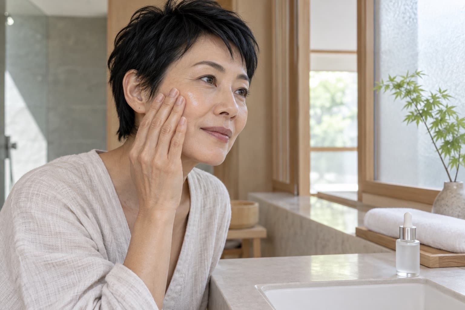 Femme est-asiatique appliquant un sérum hydratant sur sa joue