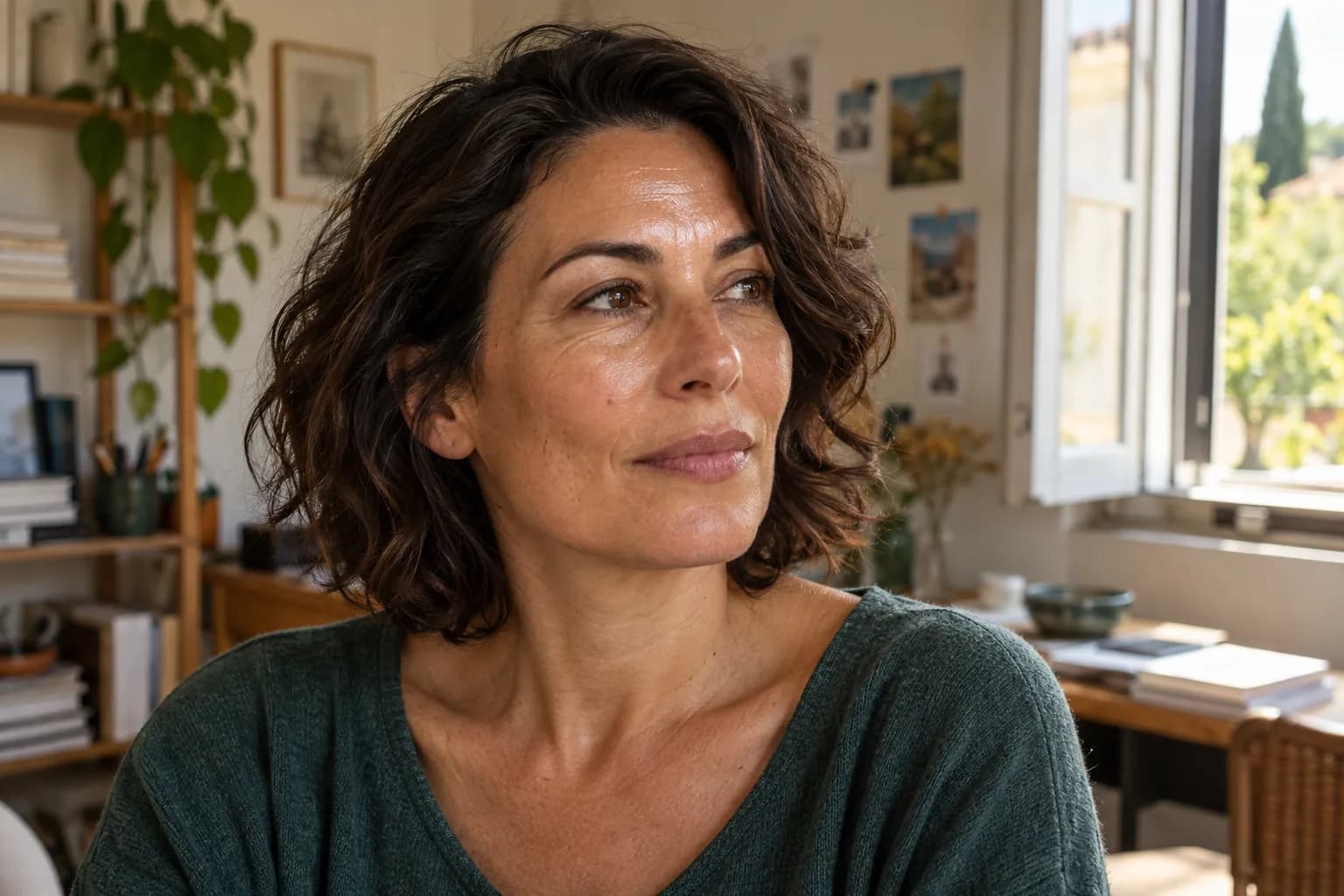 Femme brune bronzée de 49 ans observant sa zone T dans une lumière naturelle