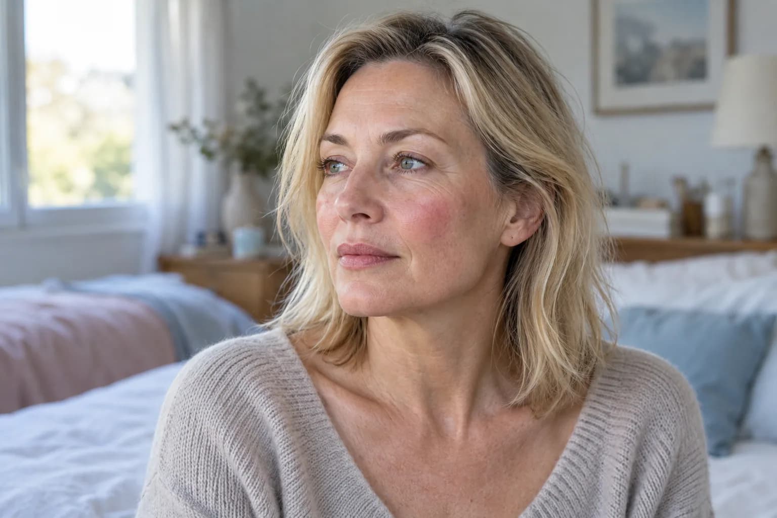 Femme blonde de 50 ans avec des rougeurs naturelles observant sa peau sans maquillage