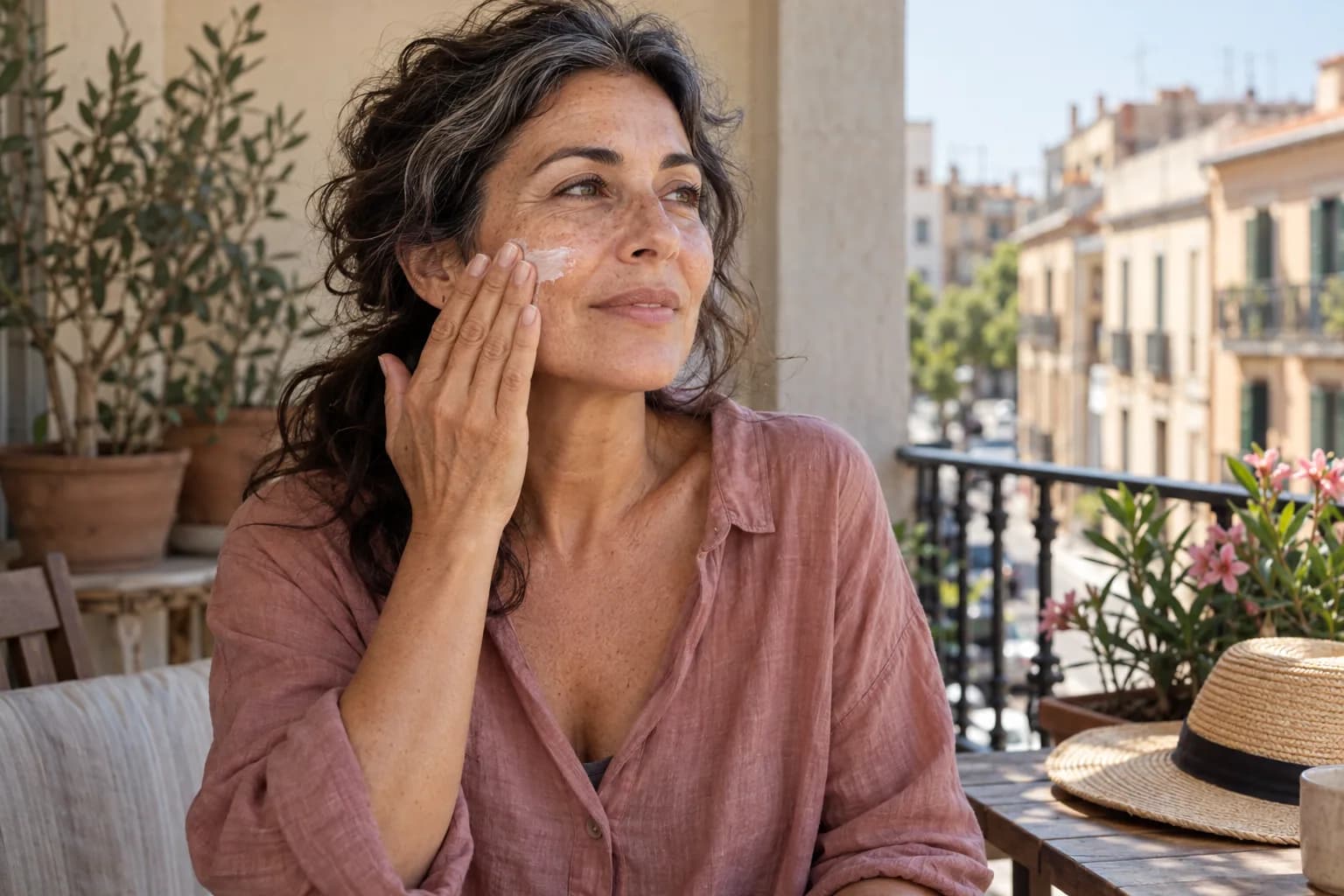 Femme méditerranéenne de 55 ans appliquant une protection solaire sur son visage