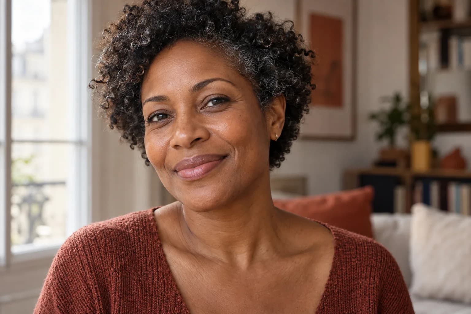 Femme noire de 48 ans souriant à la lumière naturelle avec une peau non retouchée