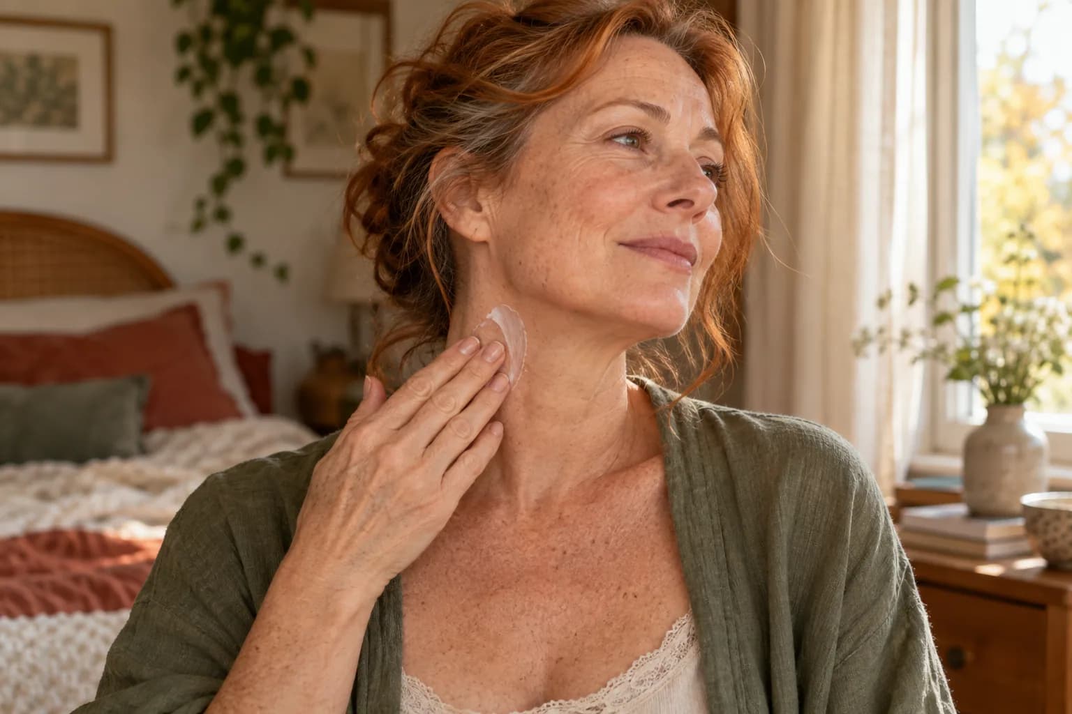 Femme rousse de 57 ans appliquant doucement une crème sur son cou