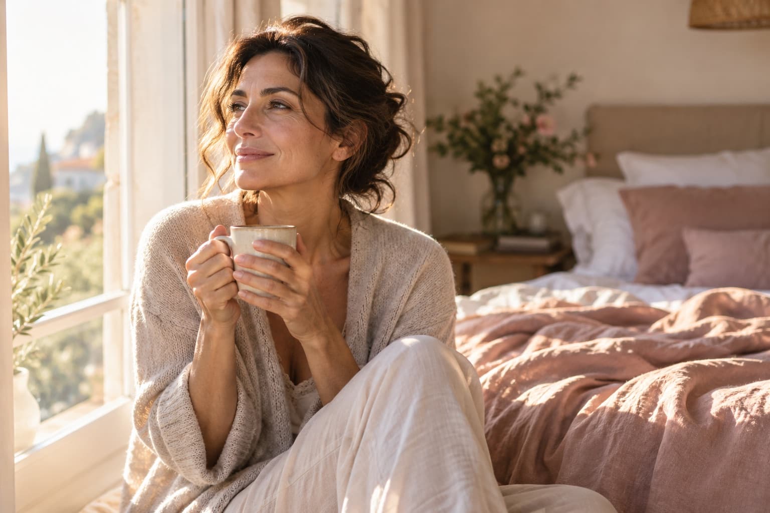 Femme brune de plus de 40 ans prenant un thé près de la fenêtre au réveil