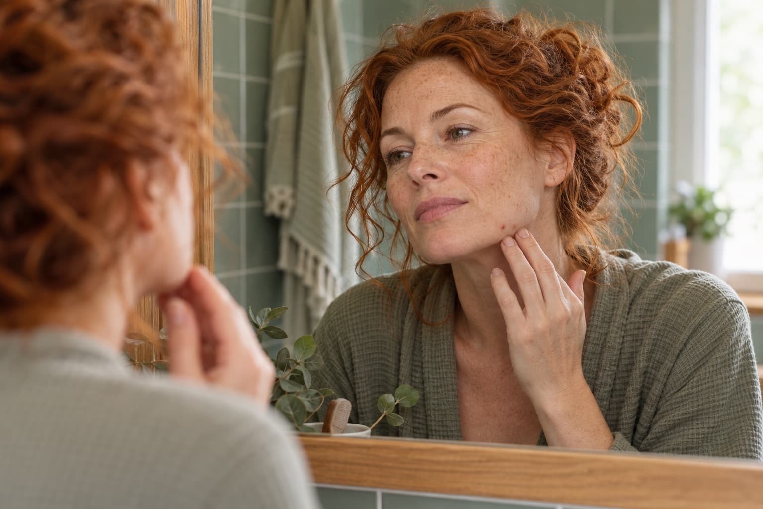 Femme rousse observant calmement quelques imperfections dans un miroir