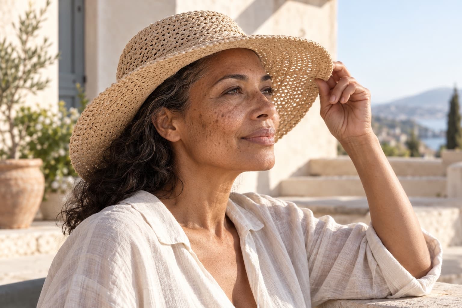 Femme protégeant son visage du soleil avec un chapeau